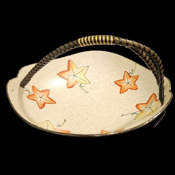 Vintage Hyalyn 6.5" Crackle Glaze Basket Bowl Orange Yellow Leaf Design Handle - Picture 3 of 7
